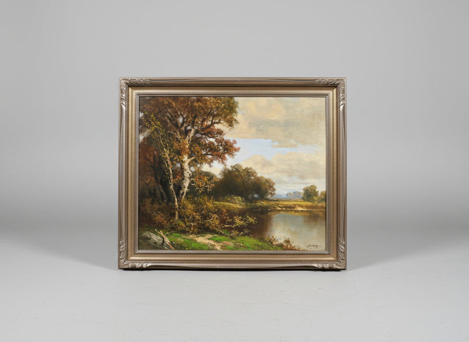 A.D GREEN LANDSCAPE WITH POND OIL PAINTING