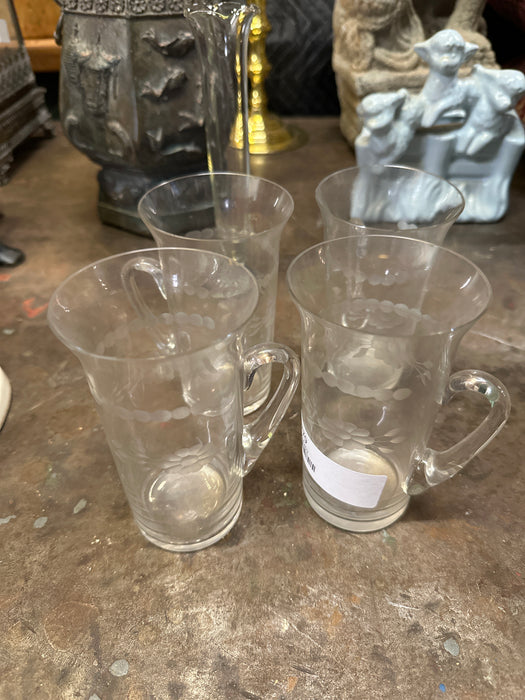SET OF 4 ECTCHED CLEAR GLASS MUGS AS FOUND