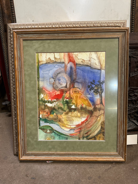 FRAMED MID CENTURY SURREALIST WATERCOLOR PAINTING WITH FACE AND VILLAGE SIGNED BY PATRICA ALLINGHAM CARLSON