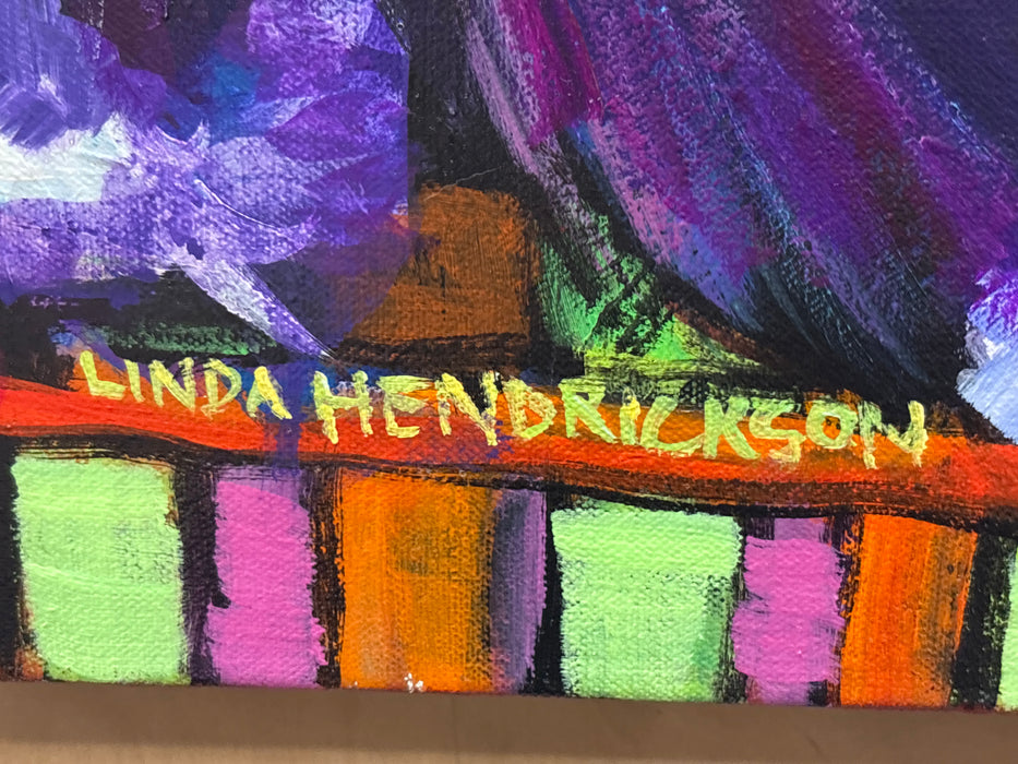 COLORFUL ACRYLIC PAINTING OF CATS AND BIRD "IT'S NOT LUNCH" - SIGNED LINDA HENDRICKSON