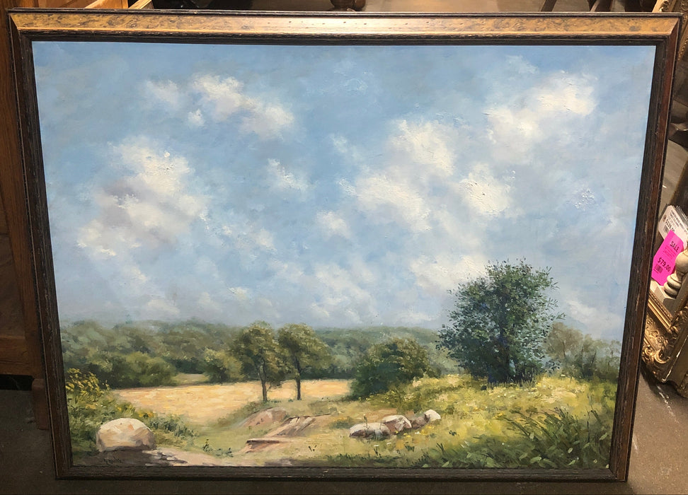 BURLED FRAME LANSCAPE OIL PAINTING ON BOARD OF MEADOW WITH CLOUDS