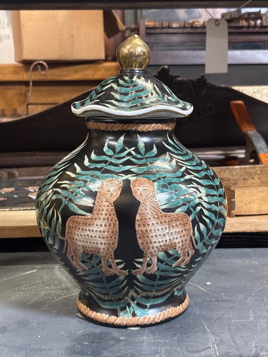 LARGE GREEN AND BLACK CHEETAH VASE WITH LID