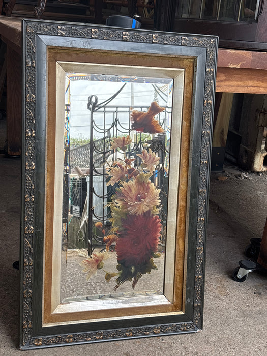 TALL ORNATE GREEN FRAMED TURN OF THE CENTURY FLORAL PAINTED BEVELED MIRROR - AS FOUND