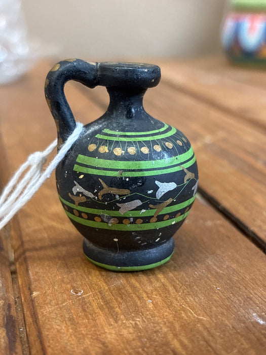 TINY HANDMADE BLACK, GREEN AND GOLD JAR