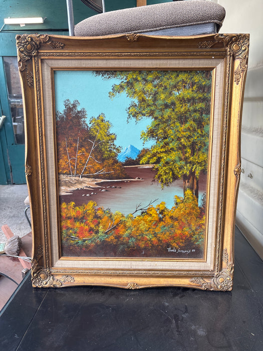 ORIGINAL GILT FRAMED OIL PAINTING OF LAKE THROUGH TREES - SIGNED THEDA SCROGGINS ‘83