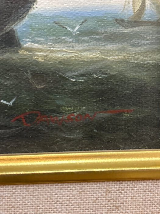 SMALL ORNATE GILT FRAMED OIL PAINTING OF SAIL BOAT AT SEA “HOMEWARD BOUND”  - SIGNED DAWSON