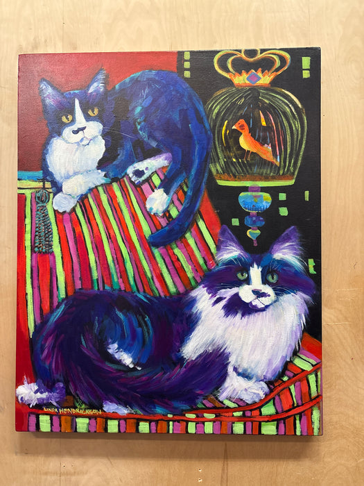 COLORFUL ACRYLIC PAINTING OF CATS AND BIRD "IT'S NOT LUNCH" - SIGNED LINDA HENDRICKSON