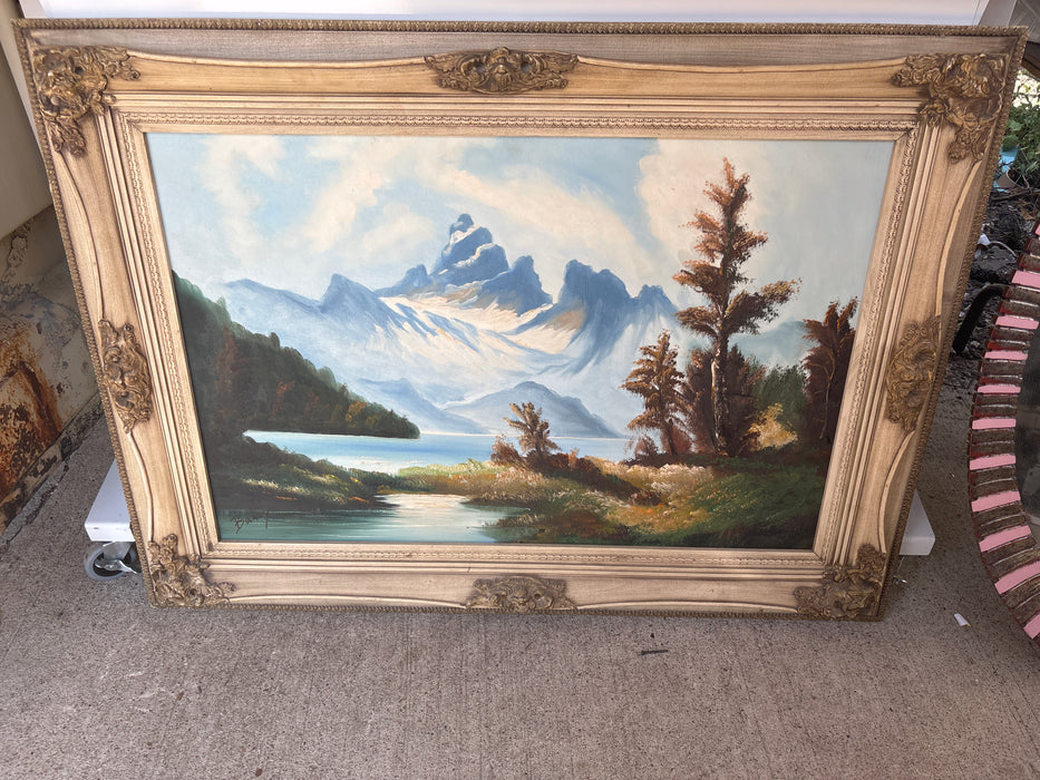 ORNATE FRAMED MOUNTAIN LAKE WITH TREES OIL PAINTING - SIGNED BANOY