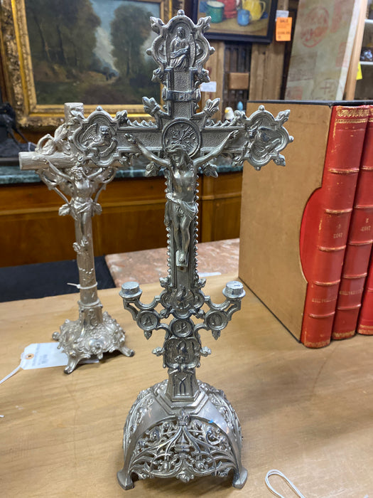 LARGE SILVER METAL CRUCIFIX WITH JOSEPH AND MARY