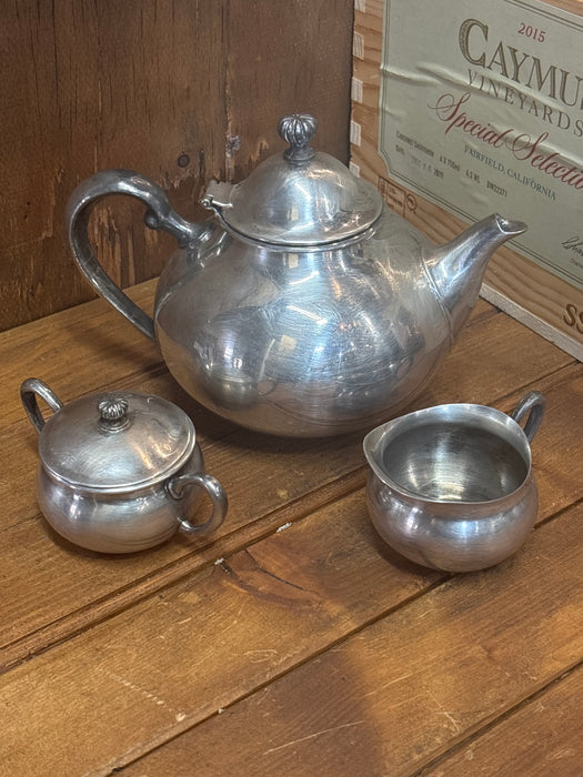 SMALL SILVER PLATE TEA POT SET WITH CREAM AND SUGAR
