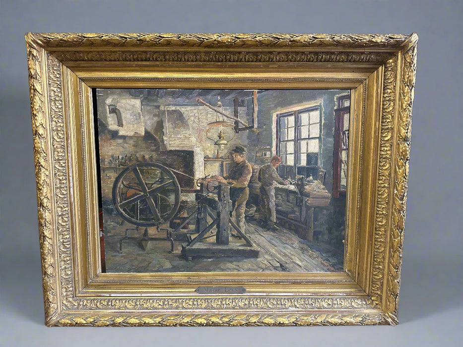 GILT FRAMED OIL PAINTING OF WORKERS IN A SHOP