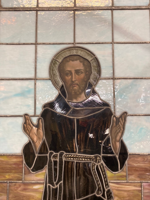 HUGE STAINED GLASS WINDOW OF SAINT FRANCIS OF ASSISI WITH STIGMATA AND WEARING A HABIT
