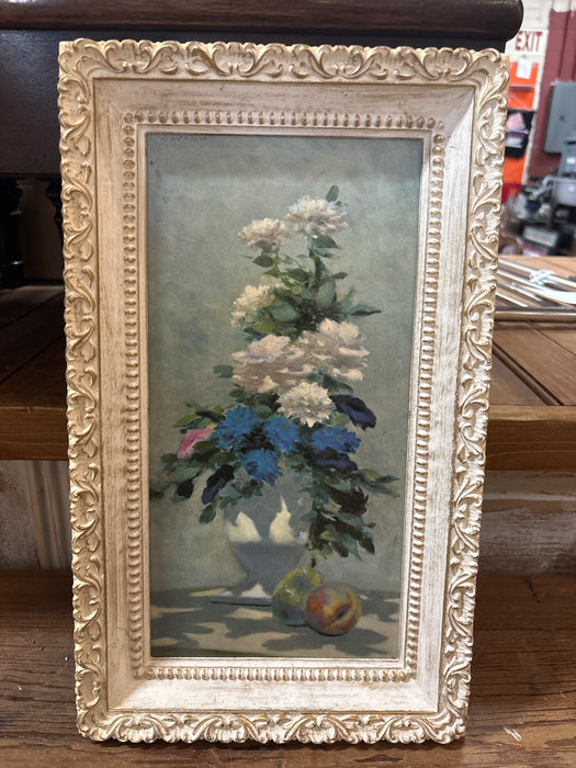 TALL ORNATE WHITE FRAMED STILL LIFE PRINT OF FLOWER VASE AND FRUIT - SIGNED