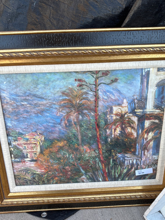 LARGE BLACK AND GOLD WOOD FRAME WITH LINEN FILET AND PRINT