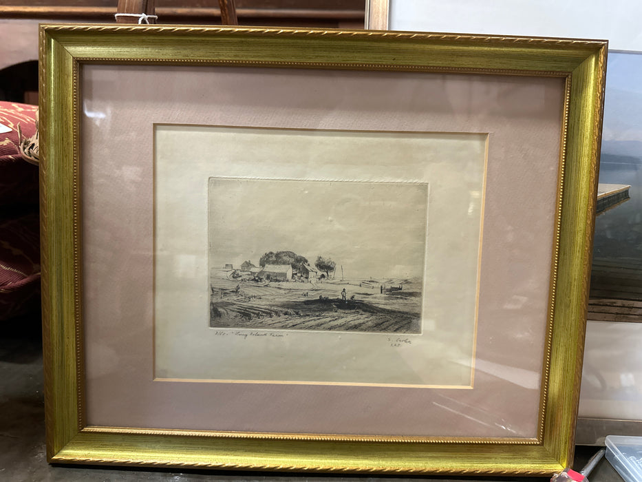 GOLD FRAMED ETCHING "LONG ISLAND FARM"