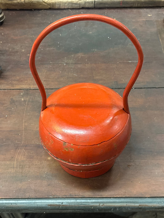 CHINESE ORANGE WOOD POT WITH HANDLES AND LID