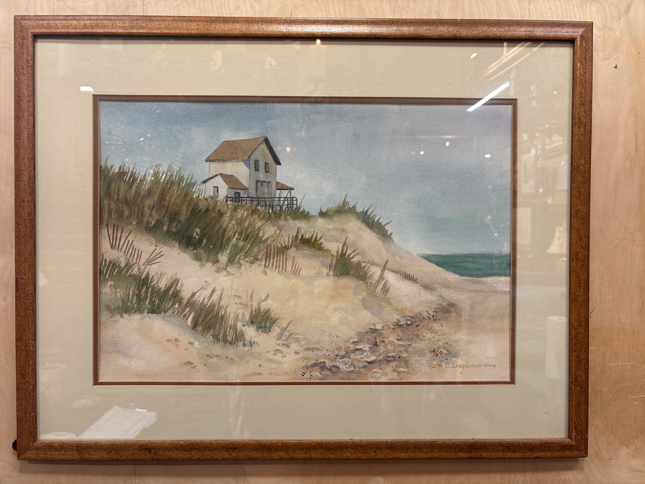LARGE FRAMED WATERCOLOR PAINTING OF HOUSE ON BEACH - SIGNED RUTH D. LANGHORNE