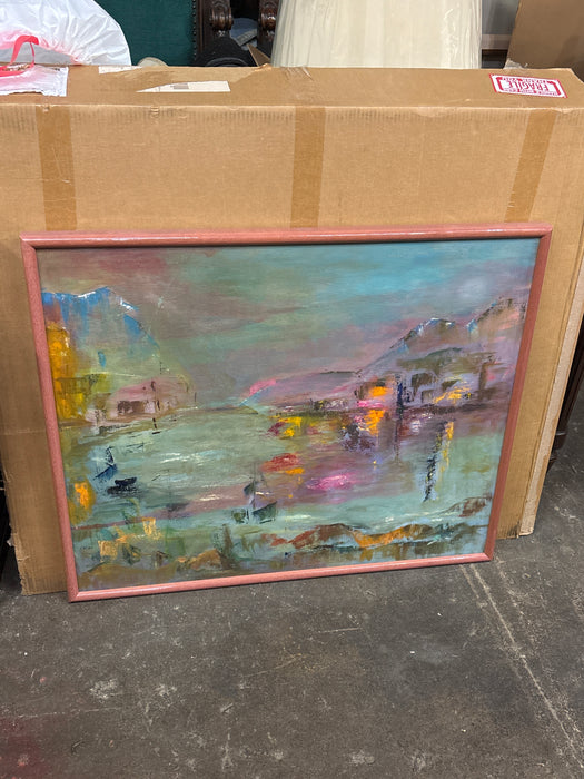MEDIUM PINK AND GREEN MOUNTAIN SCENE PAINTING