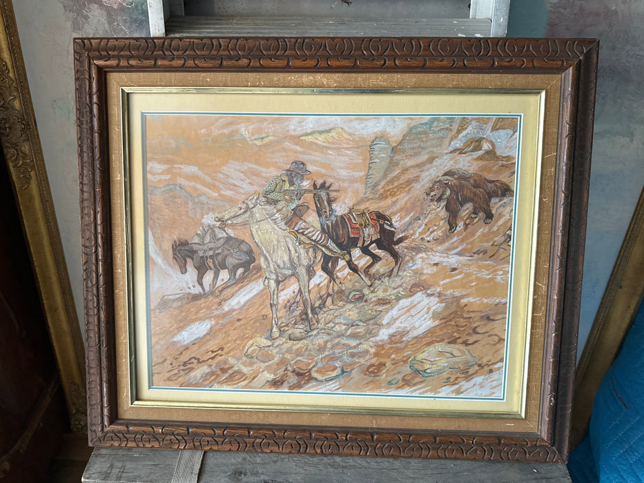 FRAMED PAINTING OF A TRAPPER CHASED BY A BEAR