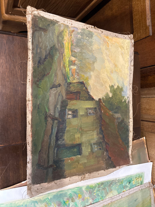 SMALL BURL FRAMED OIL PAINTING OF SUBURBAN NEIGHBORHOOD
