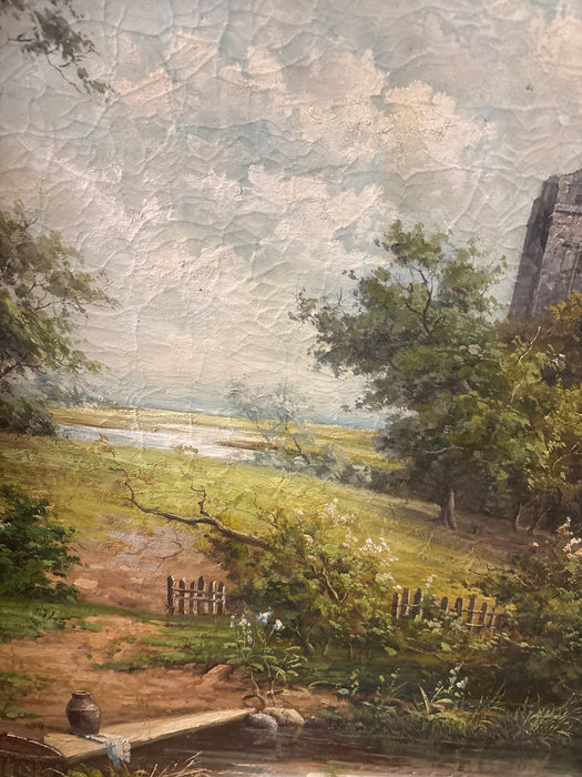 LARGE ORNATE GILT FRAMED 20TH CENTURY OIL PAINTING LANDSCAPE WITH TOWER ON CANVAS