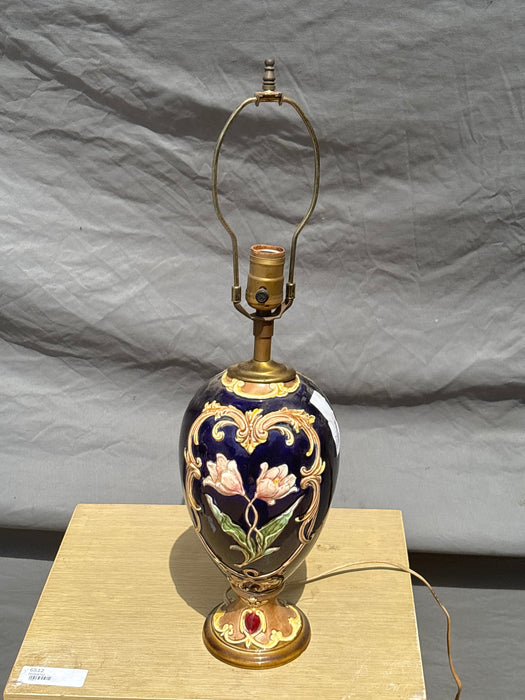 BLUE AND GOLD FLORAL MAJOLICA LAMP BASE