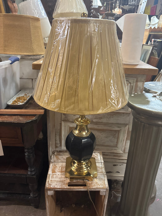 VINTAGE BLACK ENAMELED BRASS LAMP WITH LINEN SHADE