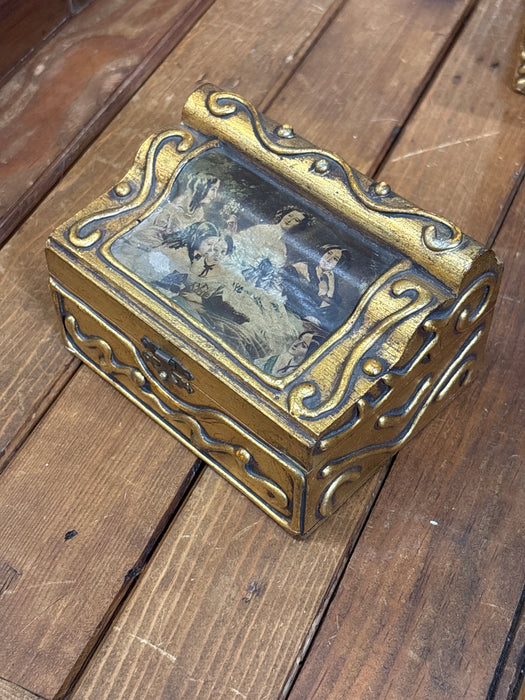 MEDIUM GOLD SHAPELY FLORENTINE BOX WITH DECOUPAGE PAINTING OF WOMEN