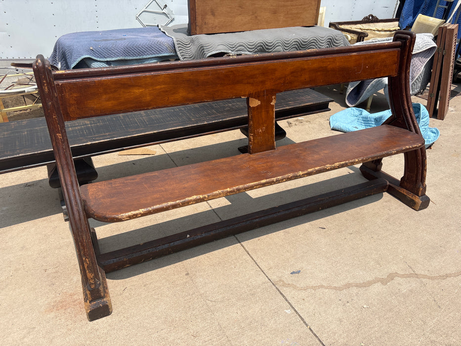 ANTIQUE BROWN PINE CHURCH PEW/BENCH WITH CURVED ENDS