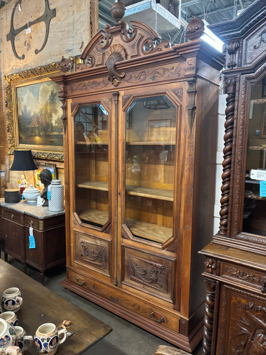 GRAND PEDIMENT CROWN WALNUT BEVEL GLASS BOOKCASE