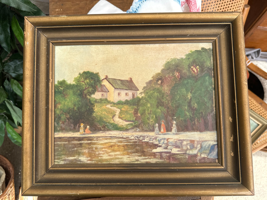 SMALL FRAMED OIL PAINTING OF A HOUSE ON A HILL NEAR THE WATER SIGNED MB ROBERTSON