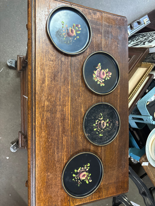 SET OF 4 TIN TOLE PAINTED ROUND FLORAL TRAYS