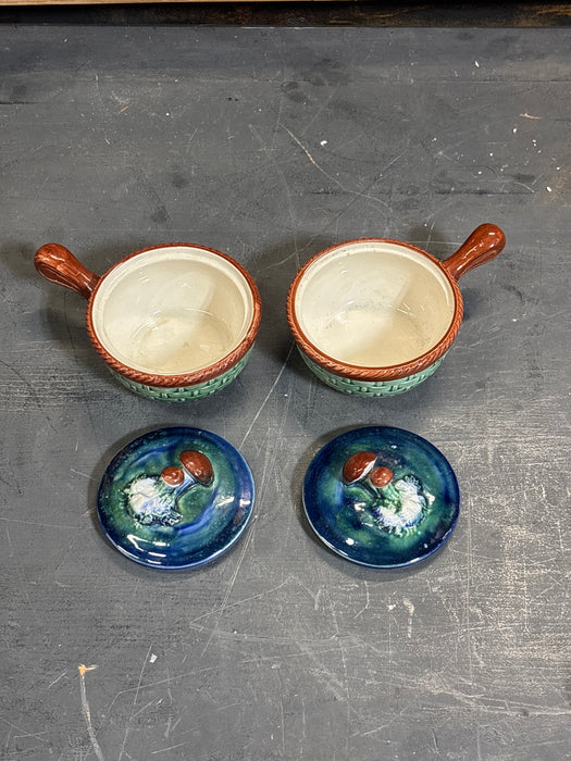 PAIR OF SMALL BROWN, GREEN, AND BLUE MUSHROOM TOP MAJOLLICA DISHES WITH HANDLES