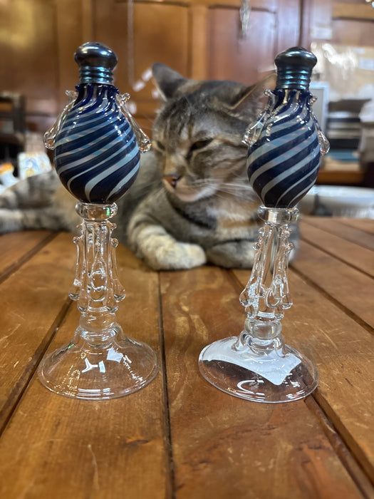 PAIR OF BLUE ART GLASS SALT AND PEPPER SHAKERS