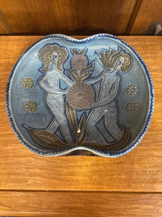 LARGE HAND THROWN BLUE BOWL - SIGNED C. SALA