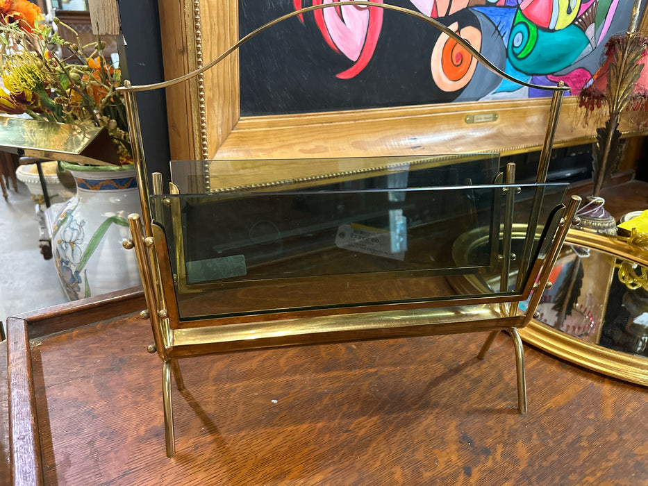 BRASS AND GLASS MAGAZINE RACK