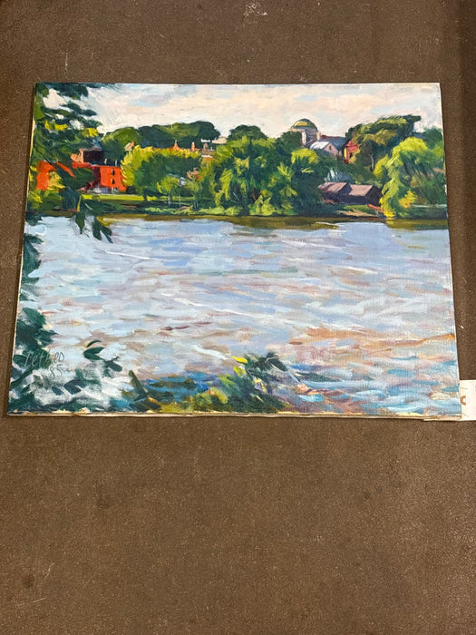 MEDIUM SILVER GILT FRAMED VINTAGE IMPRESSIONIST LANDSCAPE OF A LAKE - SIGNED