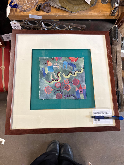 BLUE SNAKES ABOVE CASTLE IMPRESSIONIST ANIMAL WATERCOLOR