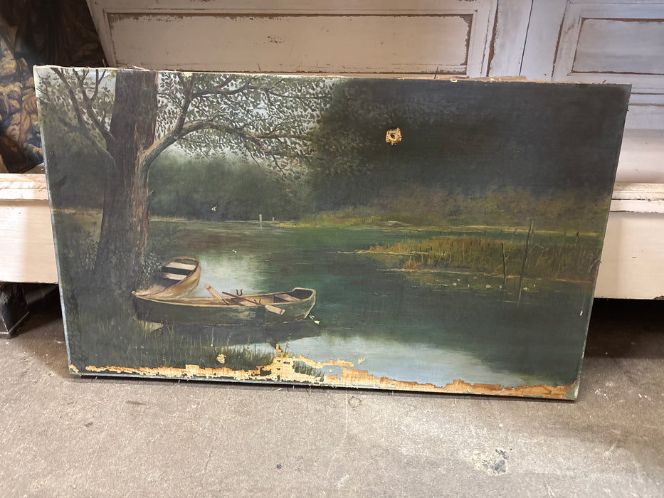 AS FOUND ANTIQUE OIL PAINTING OF BOATS UNFRAMED