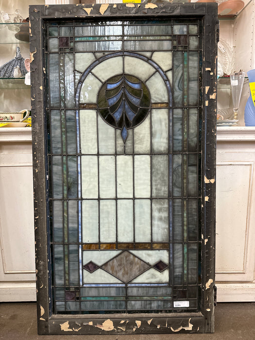 LARGE AMERICAN STAINED GLASS BLUE LEAF WINDOW H