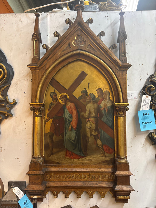 19TH CENTURY ENGLISH OAK FRAMED GOTHIC STYLE STATION OF THE CROSS