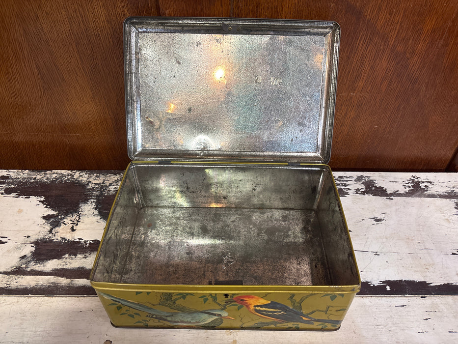 LARGE GREEN TIN BOX WITH COLORFUL BIRDS