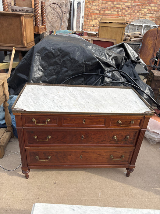 LOUIS XVI WHITE MARBLE TOP 3 DRAWER MAHOGANY CHEST WITH BRASS GALLERY RAIL - AS FOUND MARBLE