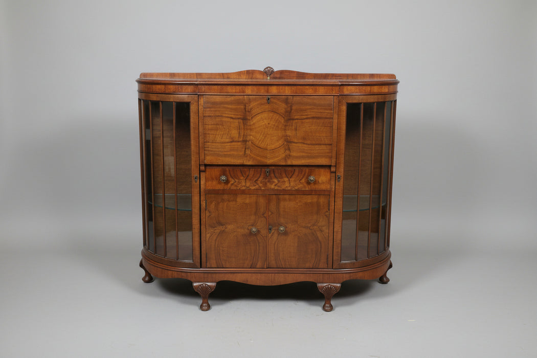 ENGLISH WALNUT QUEEN ANNE SECRETARY WITH SIDE CURIO CABINETS