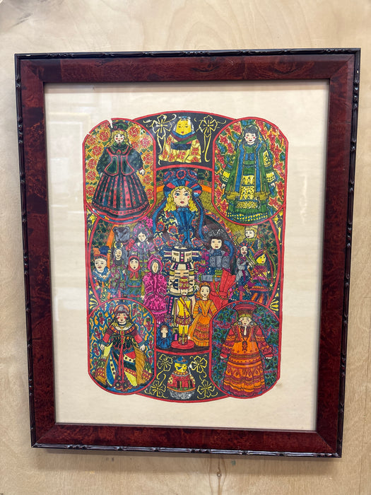 BURLWOOD FRAMED MULTICOLORED PRINT OF PEOPLE