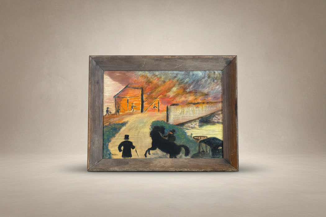 LARGE 1940'S "THE TROY BRIDGE" OIL PAINTING OF BRIDGE FIRE ON BOARD - SIGNED GRANDMA MOSES ON BACK OF PAINTING