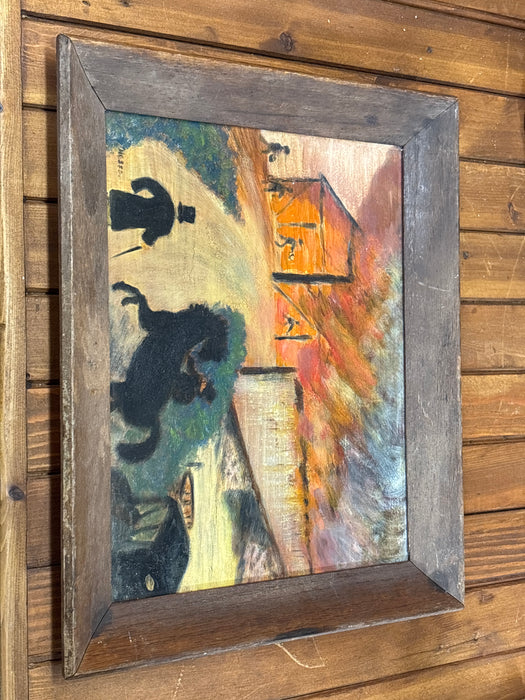 LARGE 1940'S "THE TROY BRIDGE" OIL PAINTING OF BRIDGE FIRE ON BOARD - SIGNED GRANDMA MOSES ON BACK OF PAINTING
