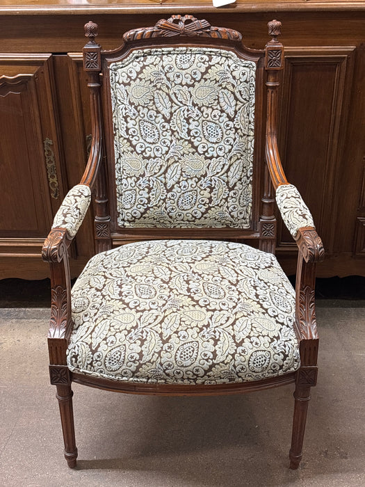 LOUIS XVI ARM CHAIR WITH BLUE GREEN UPHOLSTERY