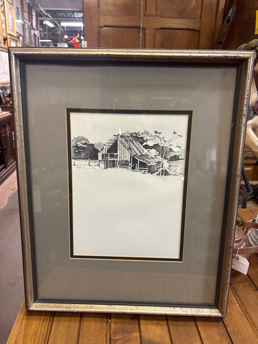 SILVER GILT FRAMED LITHOGRAPH OF LAKE BARN IN TREES - SIGNED MAR/DOVE 26/100