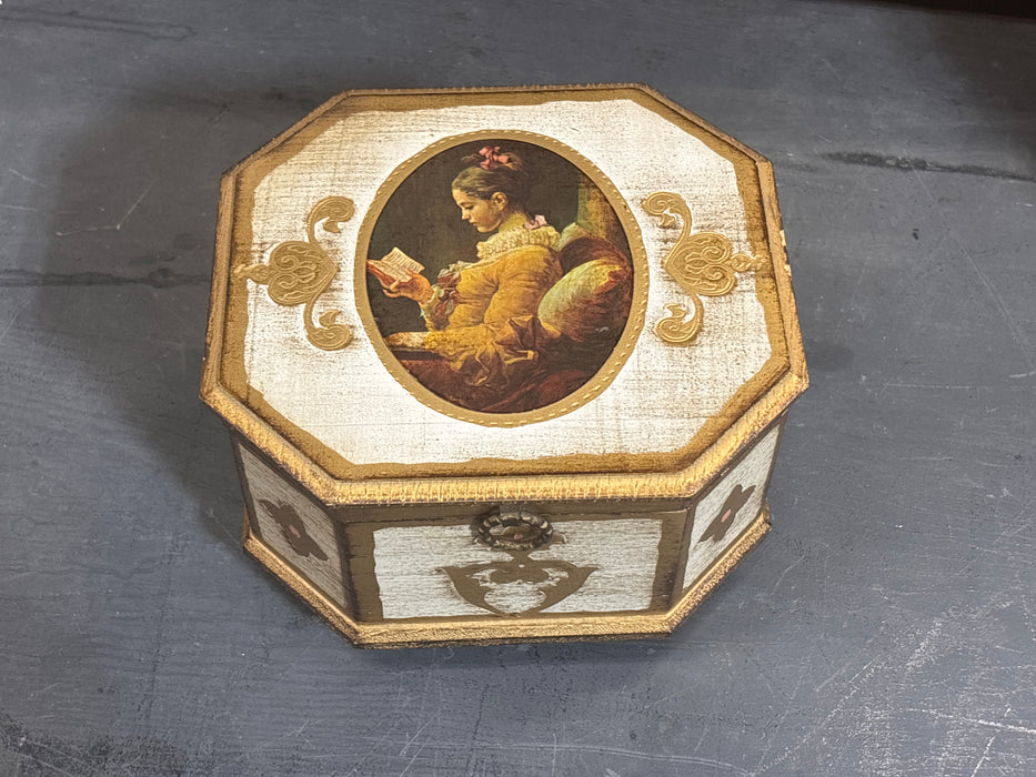 GOLD FLORENTINE JEWELRY MUSIC BOX WITH LADY PORTRAIT